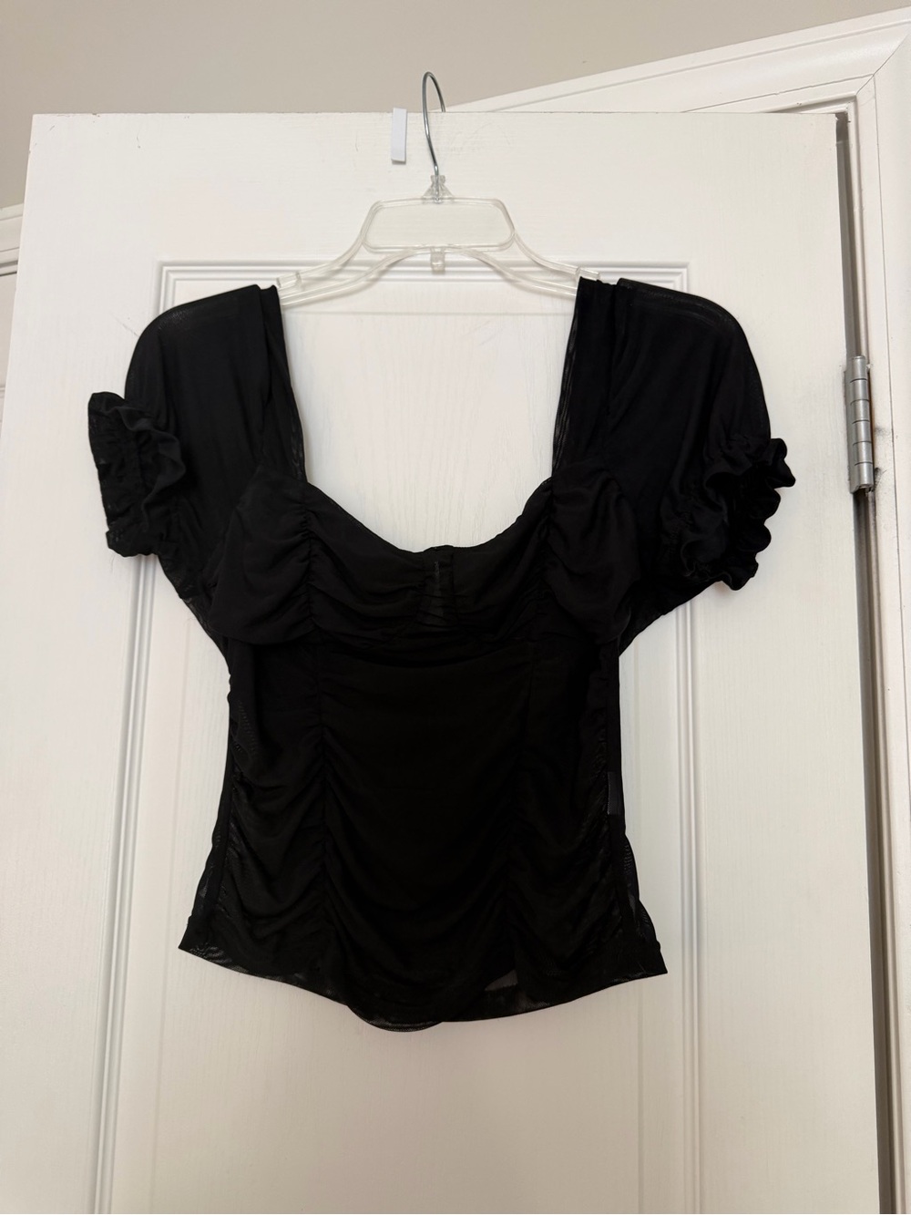 Superdown black mesh crop top with ruffled sleeves, size M